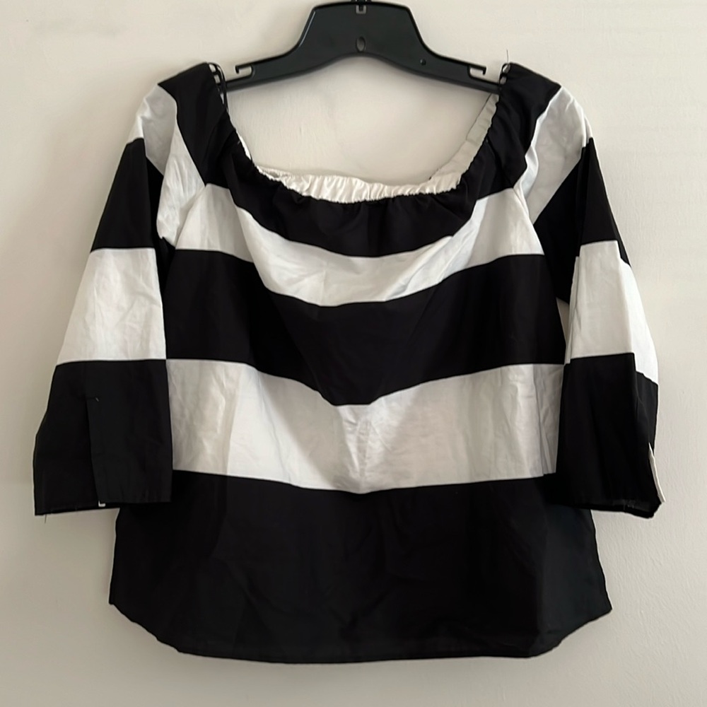 ZARA - SMALL BLACK & WHITE STRIPE ELASTIC BOATNECK OFF SHOULDER BOUSE EUC